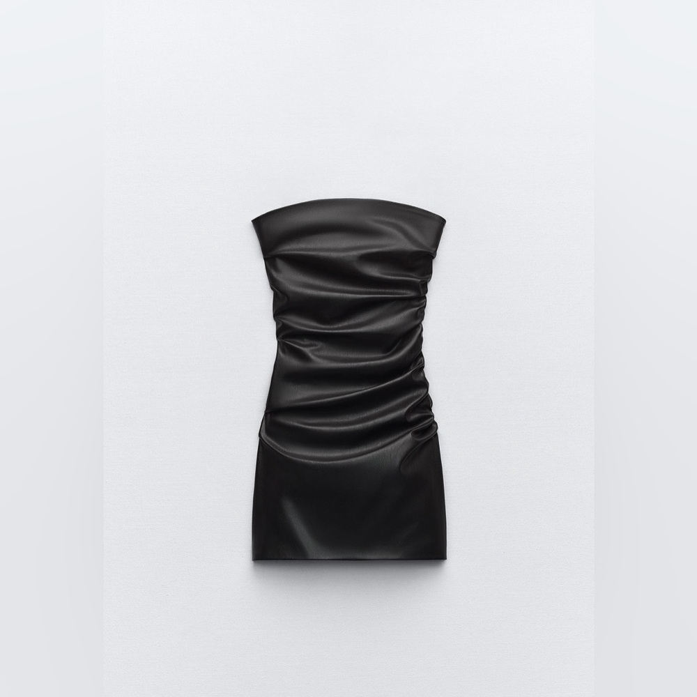 Zara Black draped leather Strapless Mini Dress XS